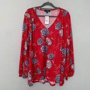 NEW Suzanne Betro red floral v-neck‎ flowy lightweight pullover top blouse